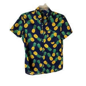J.Crew Mens Pineapple Print Shirt Blue Flex Washed Slim Fit Medium Short Sleeve